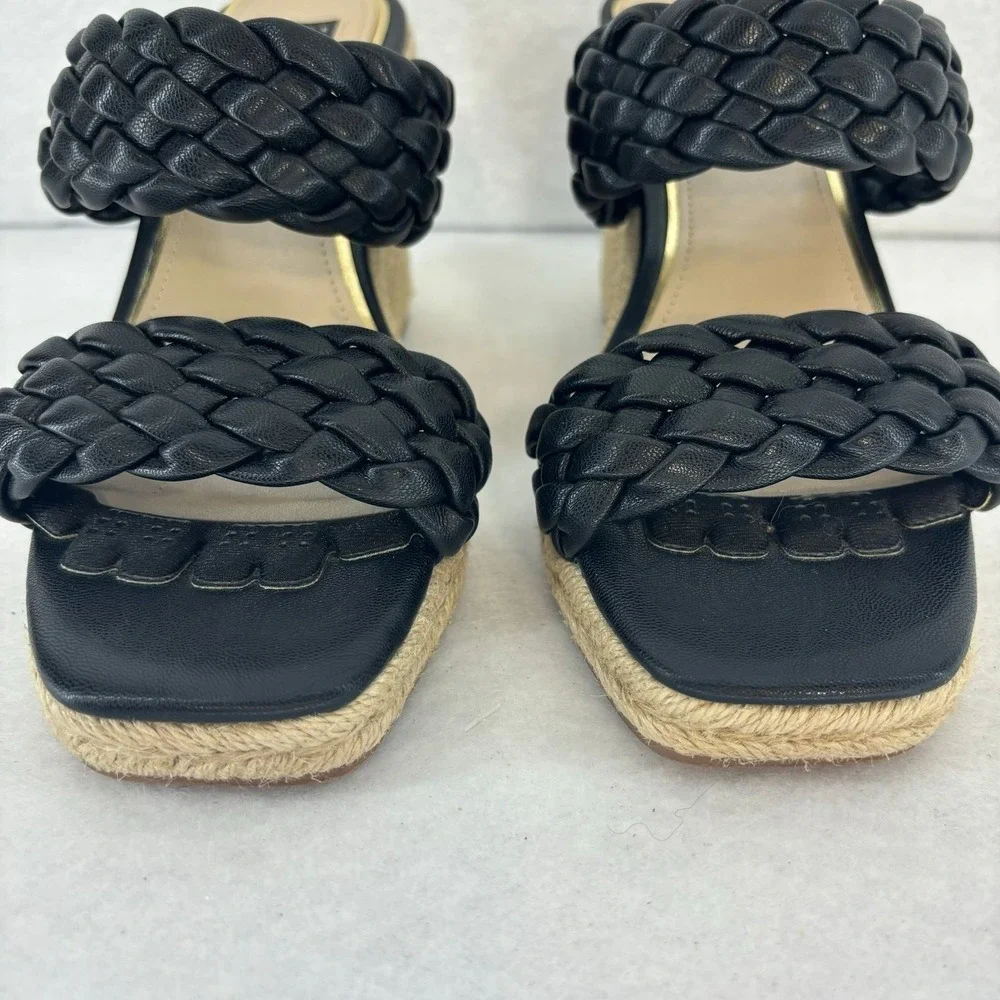 White House Black Market Wedge Sandal Rebecca Braided Black Espadrille Womens 9M